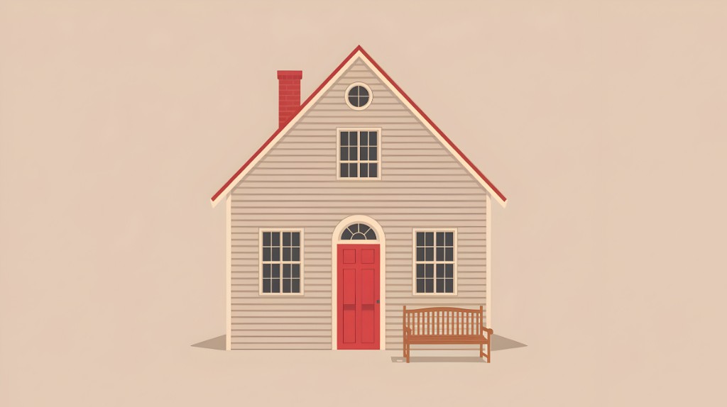 Illustrated greige house with red roof, red front door and a bench