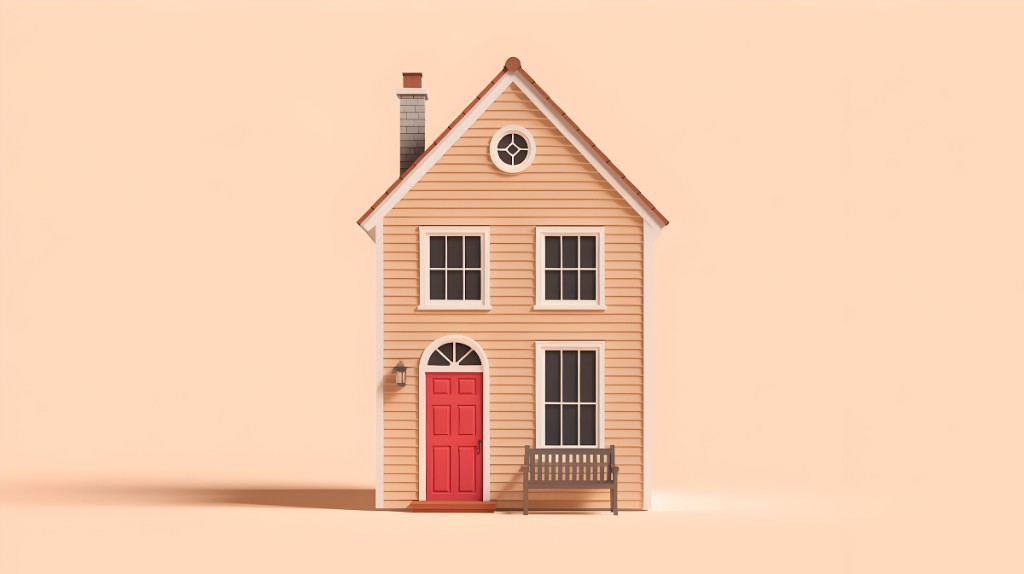 Illustrated peach house with red front door and bench