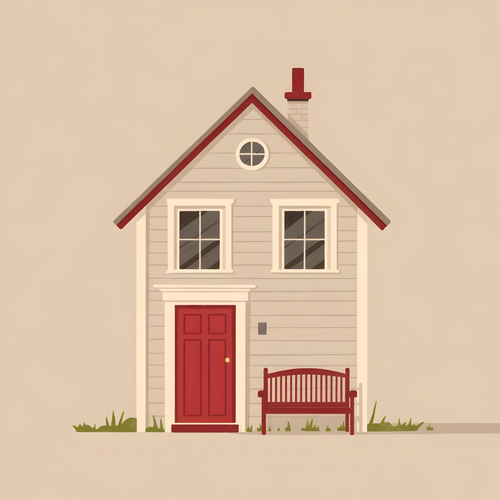 Illustrated pink house with red accents and a front bench