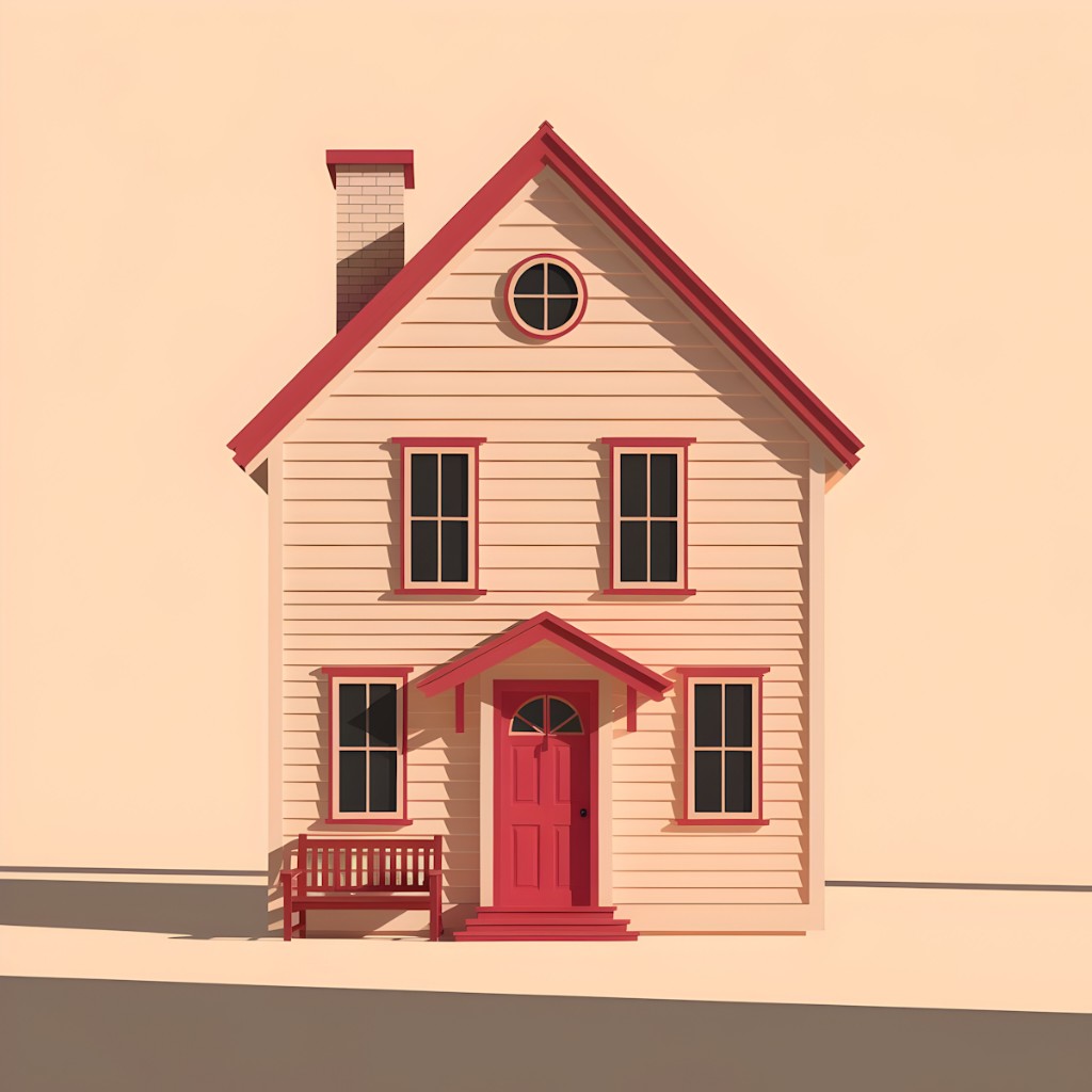 Illustrated terracotta house with red roof and red front door