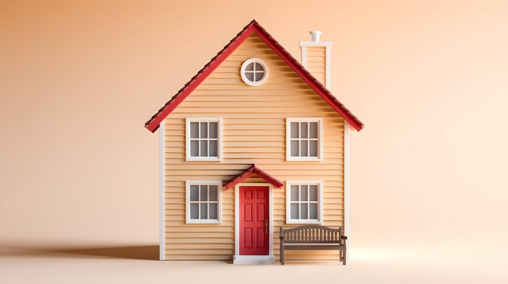 Illustrated warm yellow house with red roof and red front door